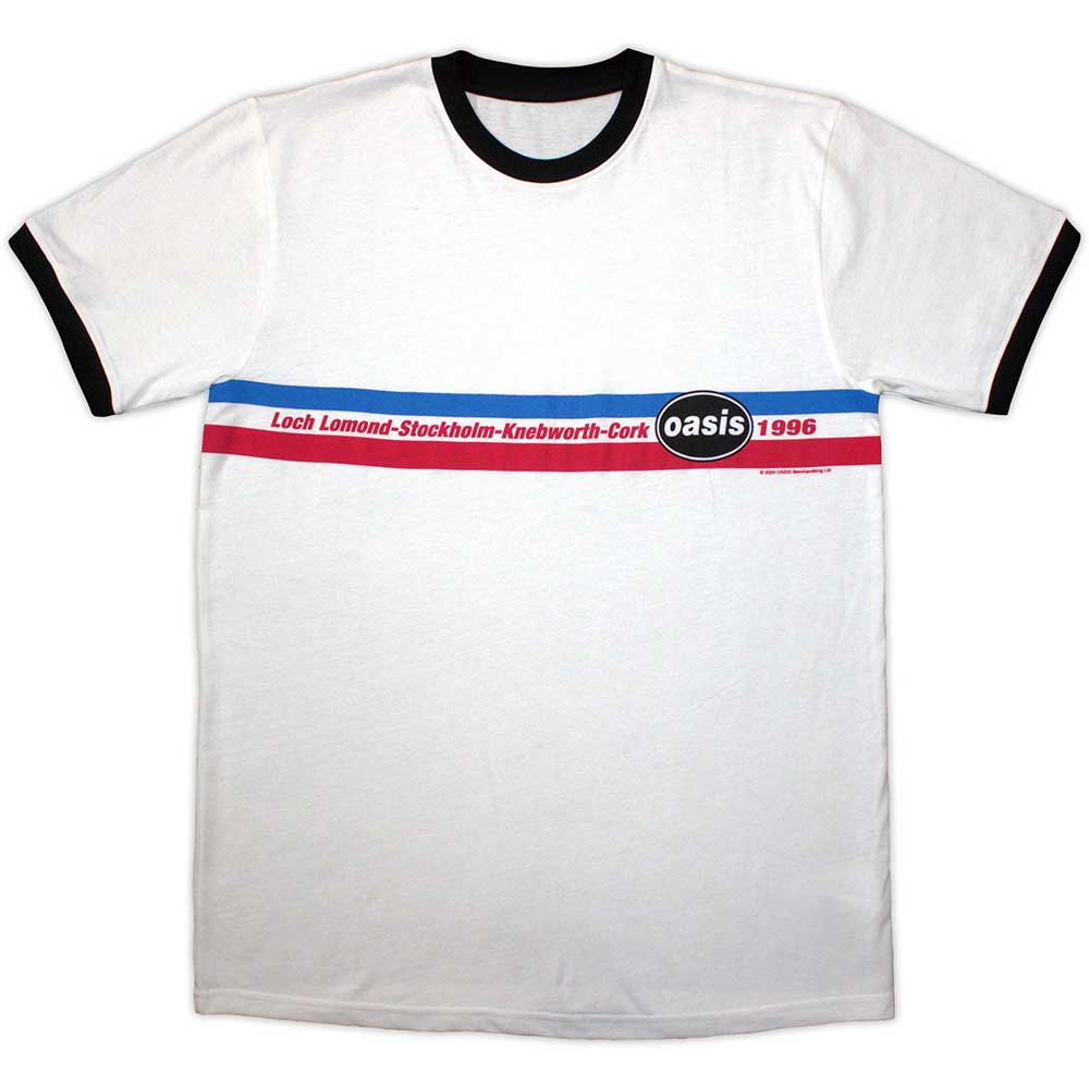 OASIS UNISEX RINGER T-SHIRT: 1996 TOUR HORIZONTAL STRIPES (WHITE)